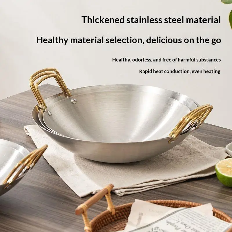 Stainless Steel Dry Nonstick Hot Pot Heavy Duty Round Bottom Double Handle for Picnic Camping Home Hotpot Meals