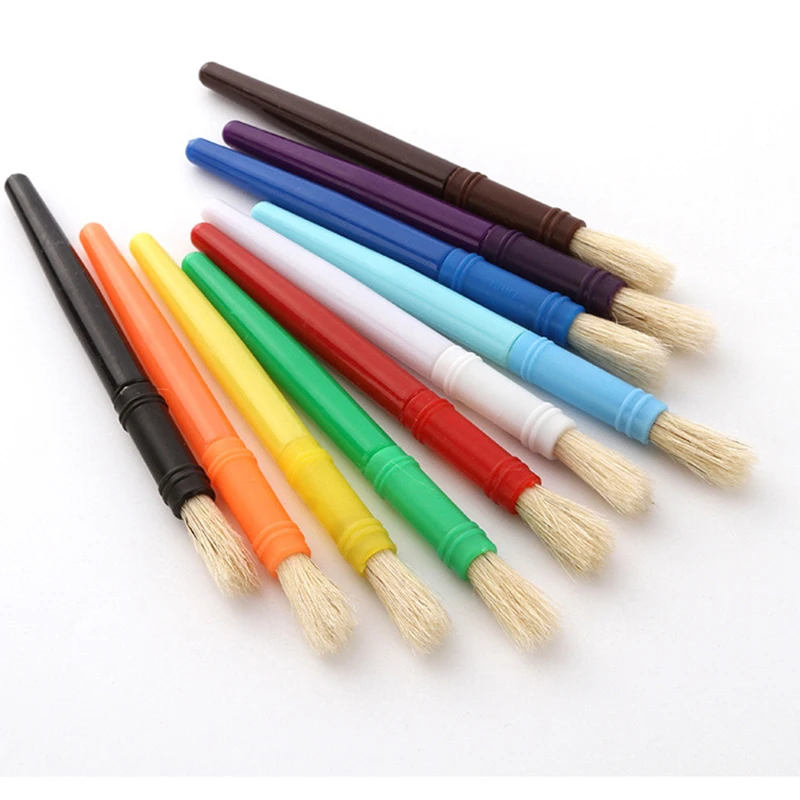 10pcs Round Children Hog Bristle Tempera Paint Brush Set Fun Kids Party School Student Class Craft Painting for Beginner Artist