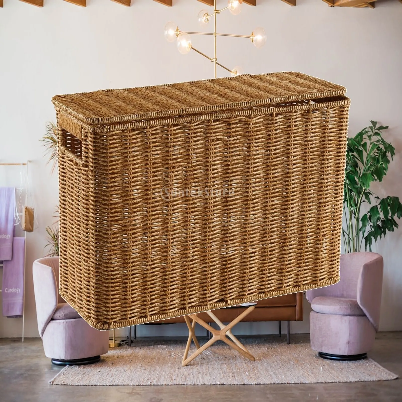 Portable Wicker Storage Basket for Living Room Plastic Iron Rectangular Organizer with Handles