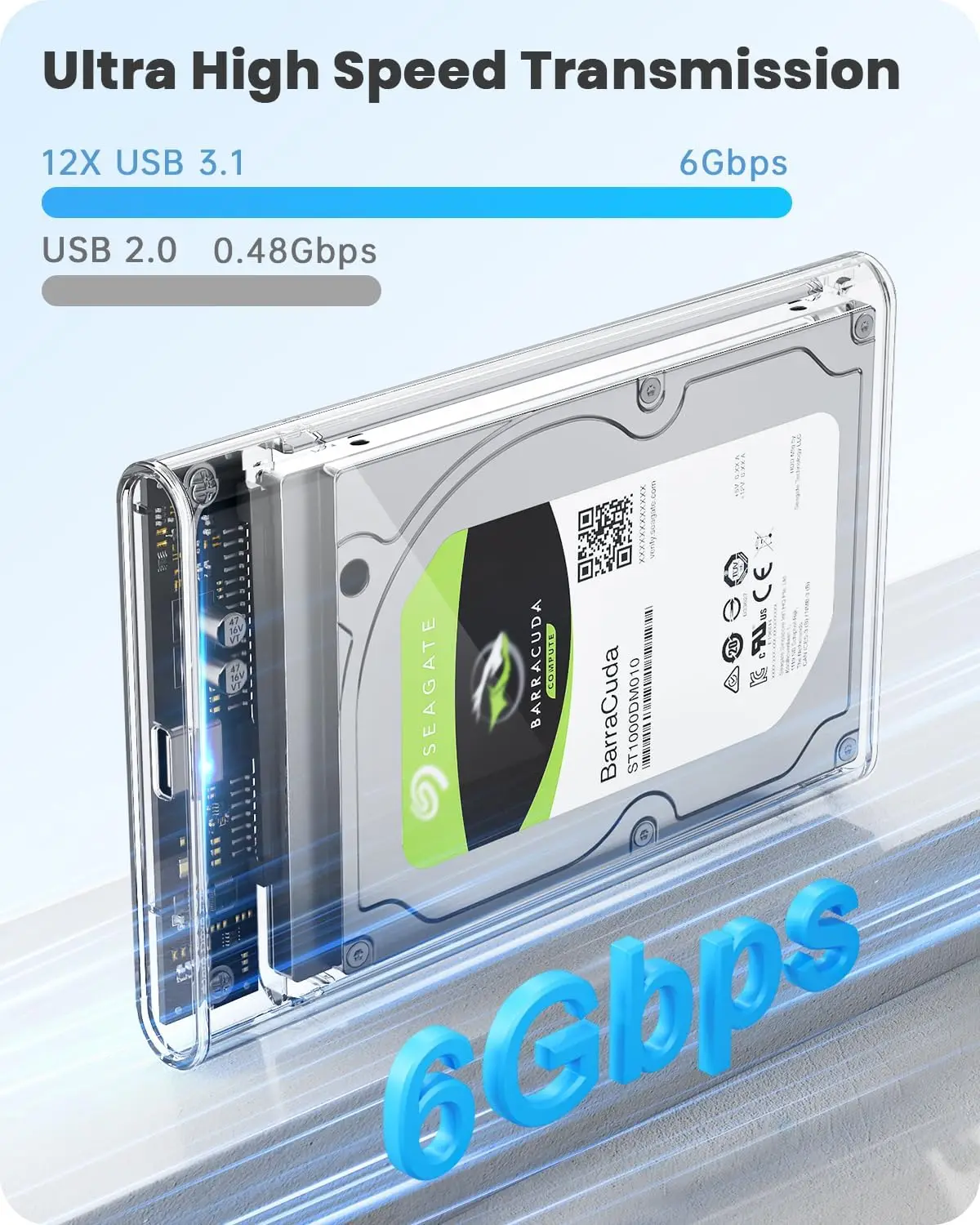 Caja de disco duro externo de 2,5 pulgadas, 6Gbps USB C 3,1 Gen 2 a SATA 3, caja de disco duro externo transparente sin herramientas para disco duro SSD de 9,5mm