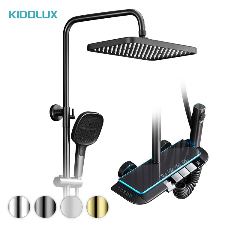 Kidolux Digital Multifunction Grey White Rainfall Shower Head Temperature Faucet With Waterfall Spray Brass Shower Mixer Set