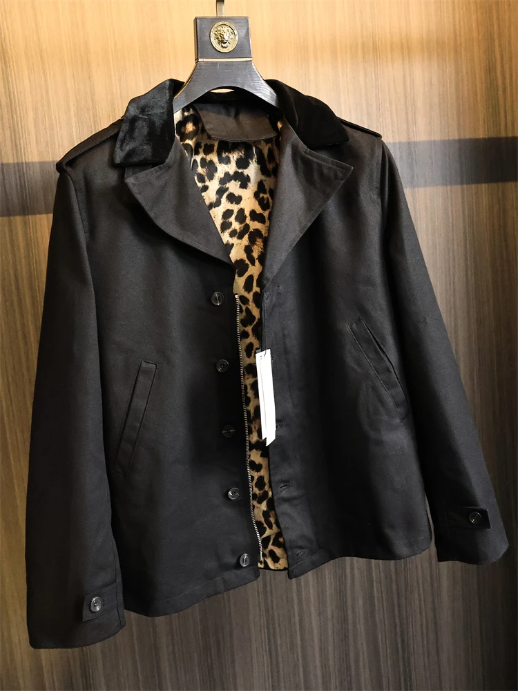 

Casual Cotton Linen Blend Fabric Men's Pure Color Leopard Print Lined Flat Collar Leisure Suit Trendy Autumn Outerwear Jaet