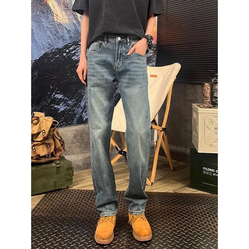

American Retro adient High Waist Men's Jeans Slim Straight Casual Long Trousers Youth Faion High Wear Resistance