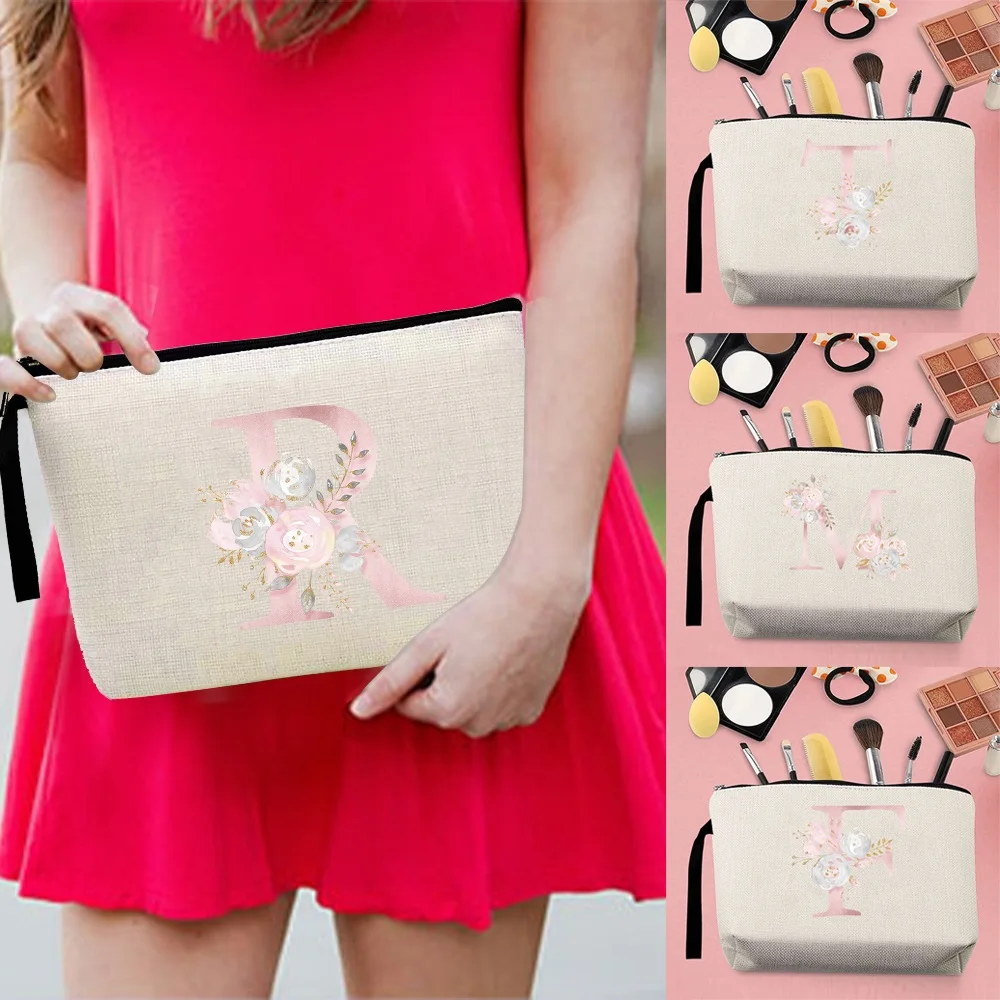 

Coin Purse Pink Flower Letter Printing Makeup Storage Bag Travel Pencil Case Commute Makeup Pouch Casual Zipper Cosmetic Bags