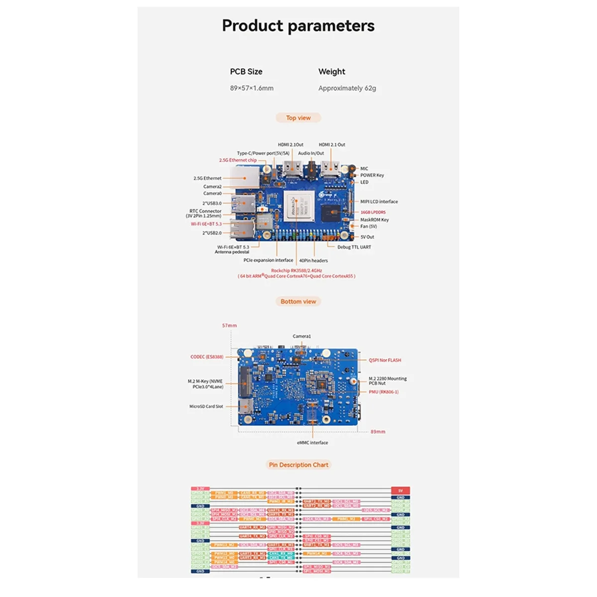 A56XQ For Orange Pi 5 Max 16GB RAM LPDDR5 Development Board RK3588 2.5G LAN Wi-Fi 6E + BT 5.3 BLE 8K Decoding Single Board