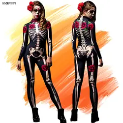 Disfraz de Catsuit para mujer, mono de esqueleto para fiesta de Halloween, Día de Los Muertos, 1 piezas