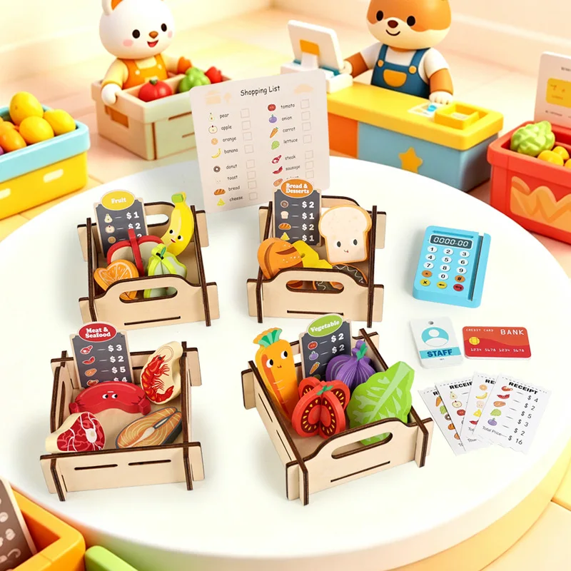 Kids Wooden Fruit Vegetable Set Toys Pretend Play Kitchen Store Cash Register Montessori Educational Toddler Girls Birthday Gift