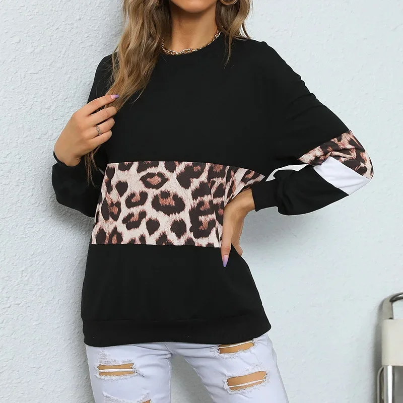 A Casual Long Sleeve T-shirt Women Leopard Color Block Sweatshirt O- Neck Pullover Tops Factory Outlet Vintage Harajuku Blouse