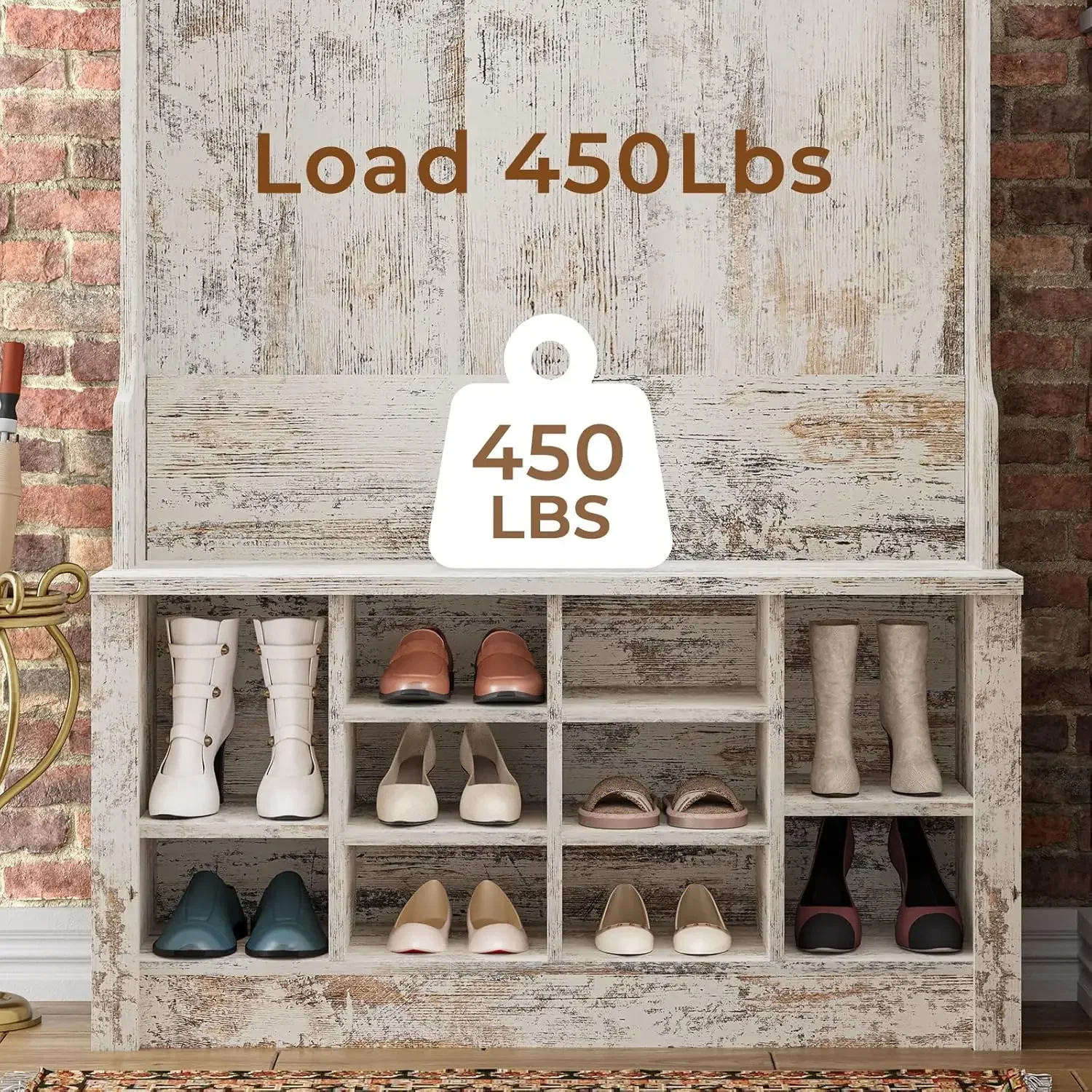 Hall Tree, Storage Bench, Shoe Rack for Entryway, Hall Tree with Bench and Adjustable Shoe Storage, Vintage White