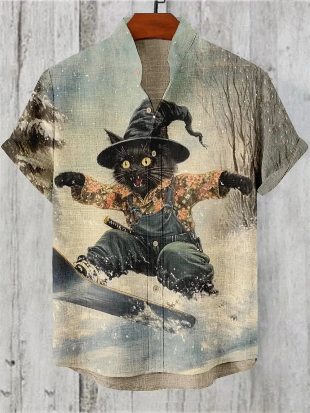 

Men's Cat Printed Linen Shirt Short Sleeve Stand up Collar Cardigan Summer Retro Japanese Art High-Quality Top