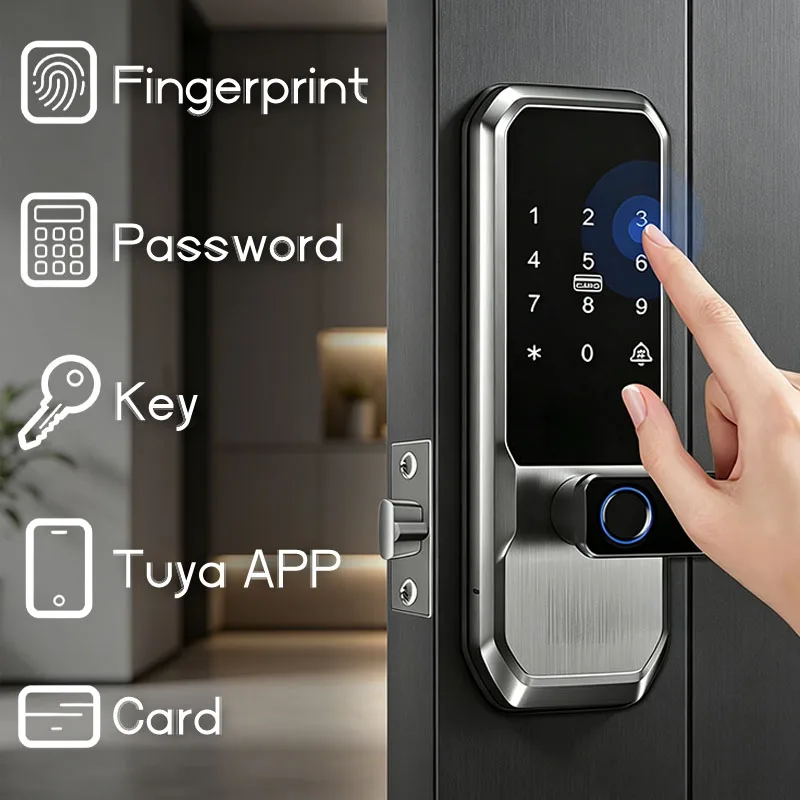 Fingerprint Unlock Home Use Wooden Door Password Input Entry Door Smartphone TuyaAPP Remote Control Swipe Card Safety Protection