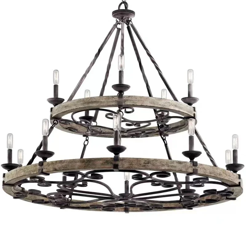 

American retro industrial style wood wheel chandelier, living room lamp, dining room, homestay, villa lamp