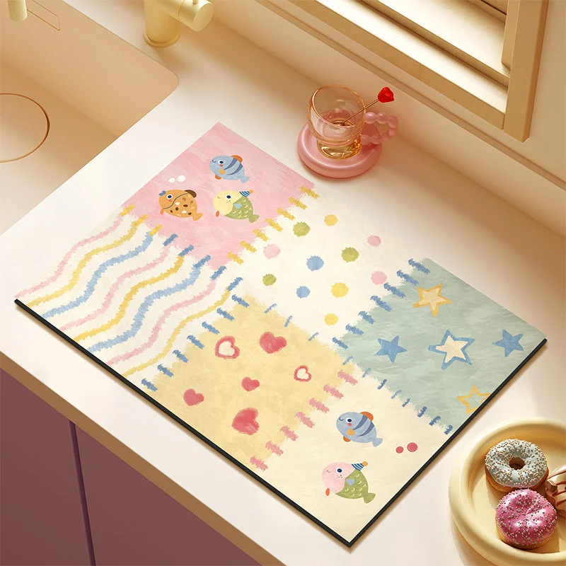 VIKAMA Cute Cartoon Patchwork Dishwasher Mat Color Splicing Printing Anti slip Water Absorbing Tabletop Mat Home Decoration