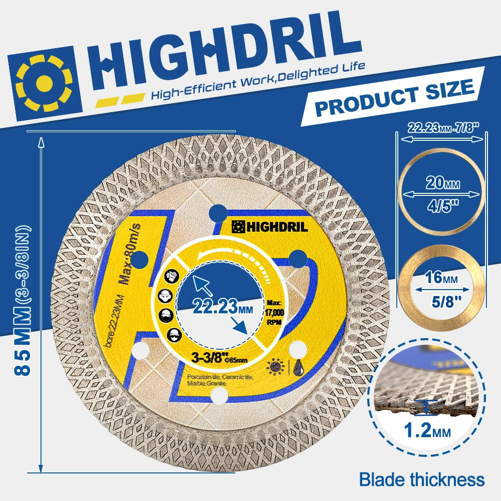 HIGHDRIL 다이아몬드 톱날 X 메쉬 드라이 커팅 디스크, 화강암 세라믹 타일 대리석 도자기용, 22.23mm 그릿 60/70, Dia85 mm, 1 개