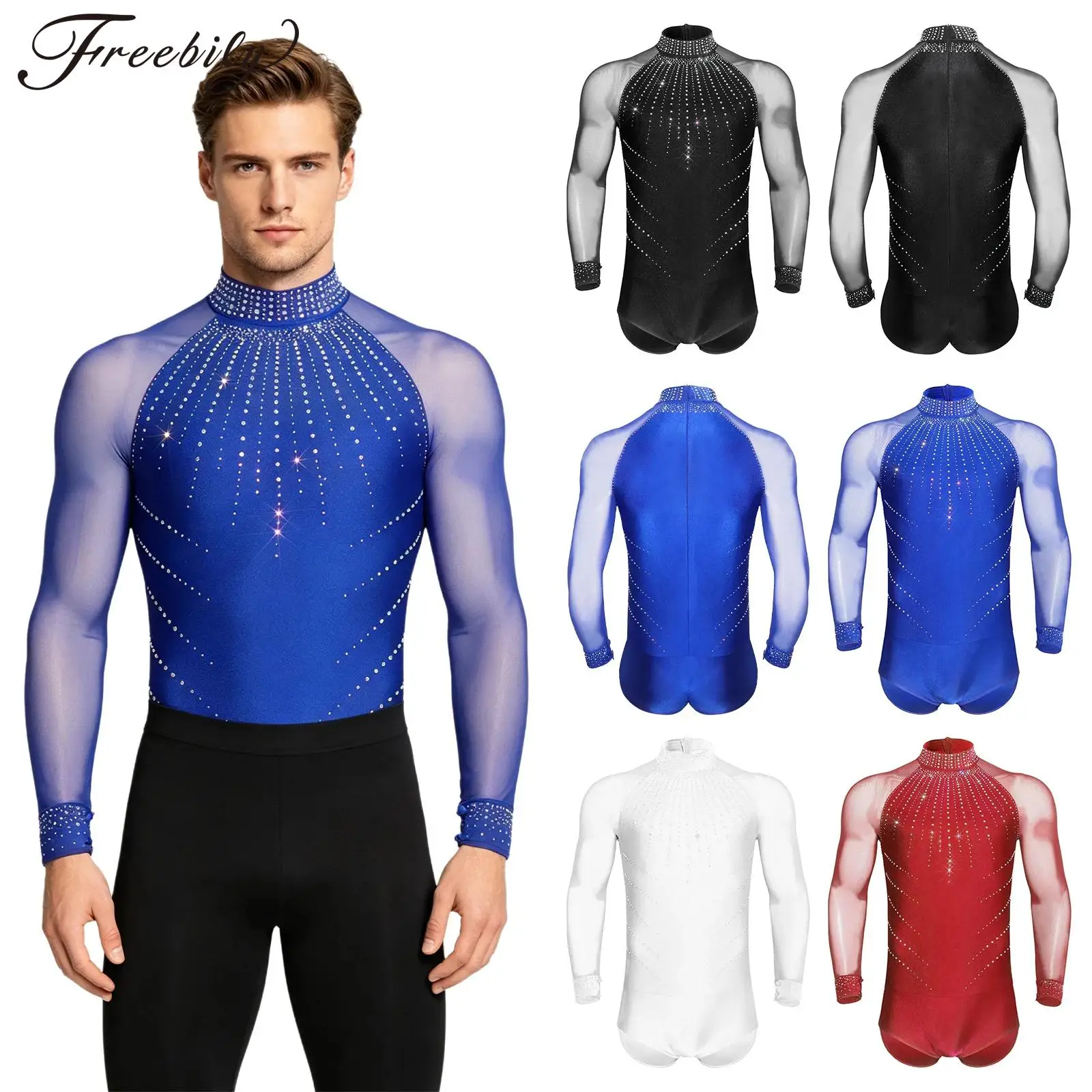 

Mens Sparkly Rhinestones Modern Ballet Dance Leotard Long Sleeve Mesh Figure Skating Bodysuit Dancewear