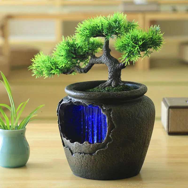 7Color Led Change Indoor Resin Flower Pot Flowing Water Sound Waterfall Fountain Garden Feng Shui Simulation Tree Craft