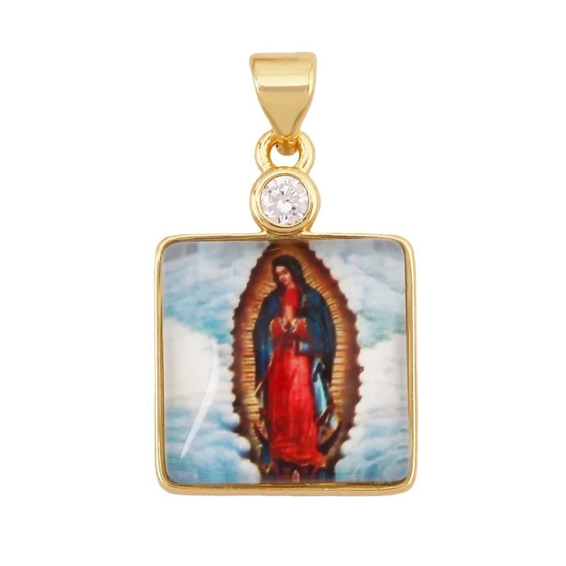 Religious Style Holy Jesus Virgin Mary Charm Geometry Pendant,18K Gold Inlaid Cubic Zirconia Pearl Jewelry Necklace Supplies K61