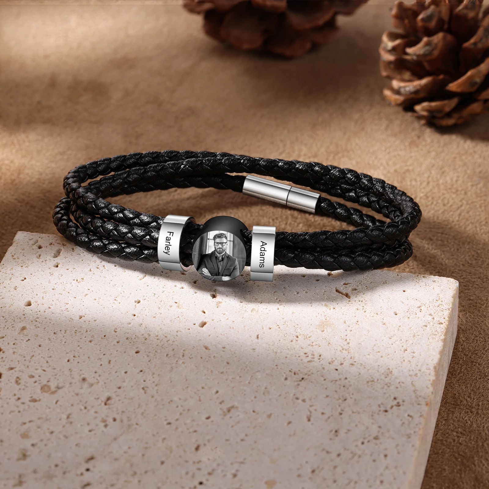 Personalize Men Leather Charm Bracelet with Beads 2 3 4 5 6 Names Photo Bangle Stackable Jewelry Gift for Father Dad Grandpa Son