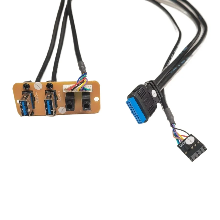 

73cm 2-Port Dual USB 3.0 19Pin 3.5mm HD Audio Standing Socket Interface Motherboard Extension Cable Chassis Front Panel 65x27mm