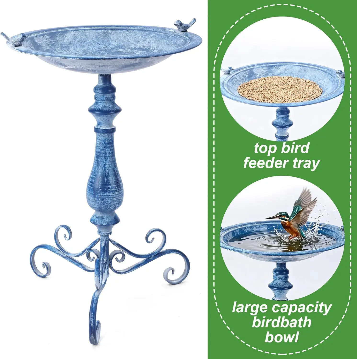 حمام طيور معدني أزرق عتيق مقاس 27.25 بوصة مع طيور من الحديد الزهر، ديكور للحديقة الخارجية، مقاوم للصدأ