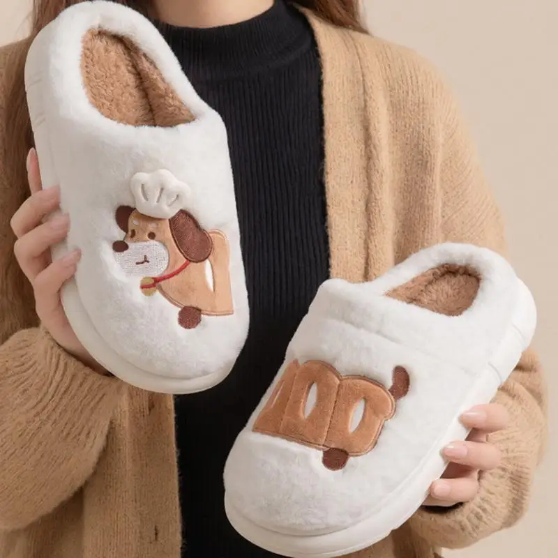 Niedliche Hausschuhe mit Welpenmuster aus Plüsch für Damen, Winter, dicke Sohle, rutschfest, Baumwollschuhe für das Schlafzimmer, gemütliche warme Hausschuhe, Größe 45 – Detail 6