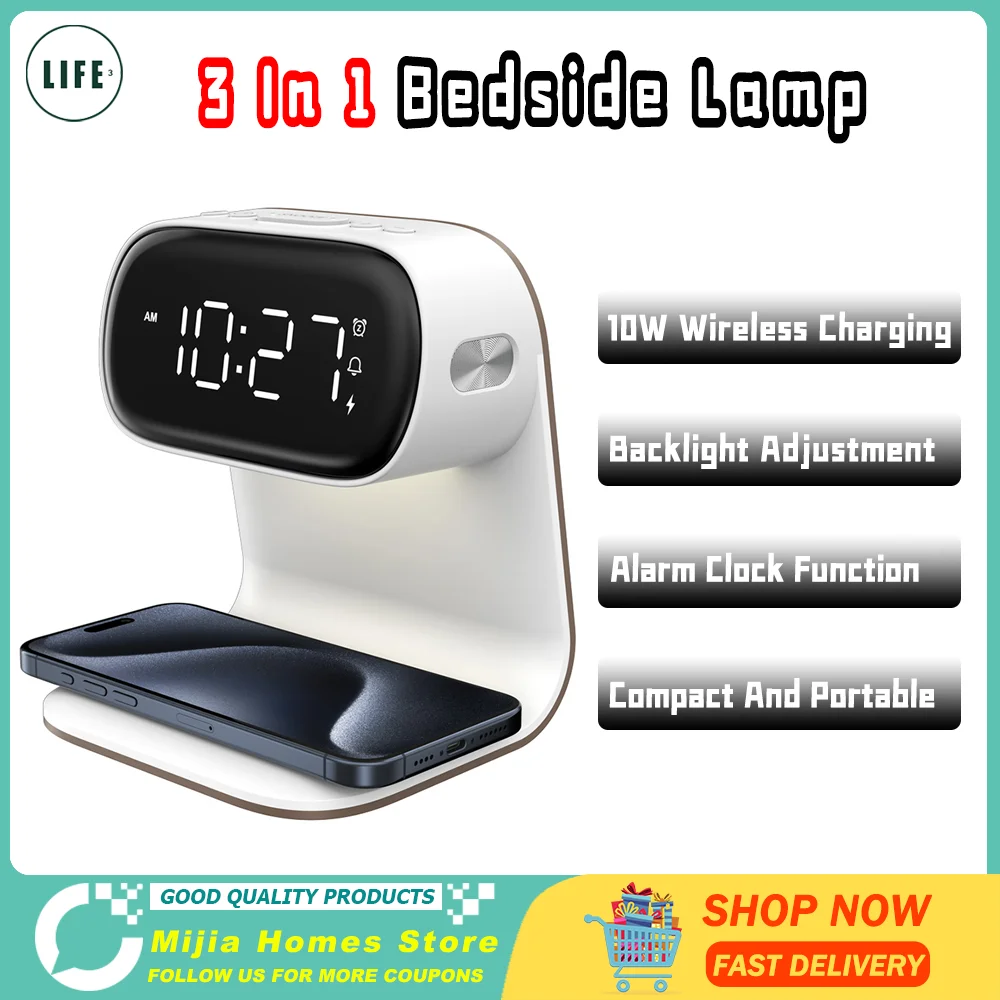 

Прикроватная лампа 3 в 1, беспроводная зарядка, регулировка яркости, настольная лампа, будильник, 10 Вт/15 Вт, беспроводное зарядное устройство для наушников телефона