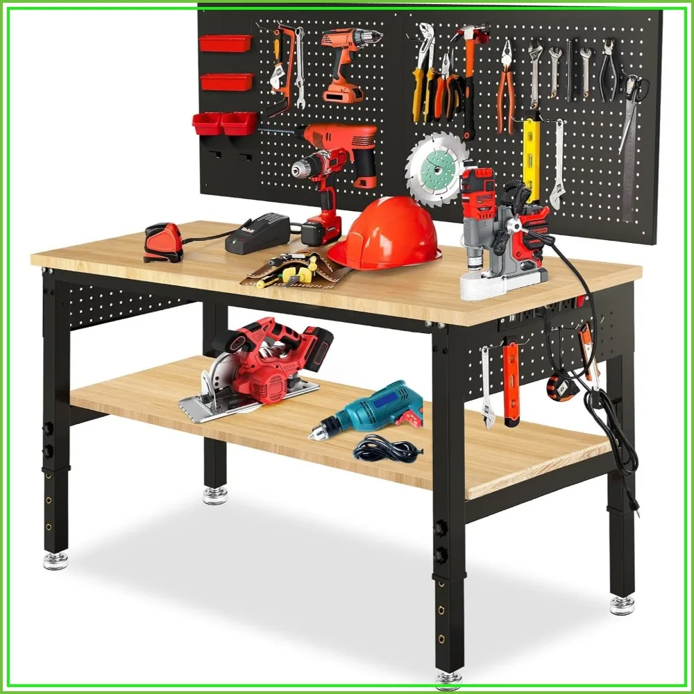 48x24 Adjustable Height Workbench Heavy Duty with Shelf Rubber Wood Table for Garage Shop