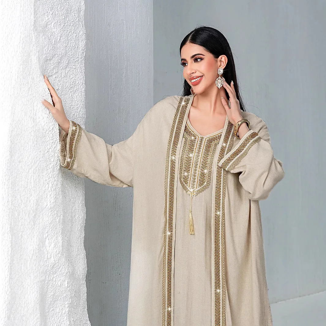 

Eid Djellaba Kimono Abaya Inner Set Women Muslim Shiny Open Kaftan Dubai Turkey 2 Piece Set Islamic Clothing Caftan Jalabiya New