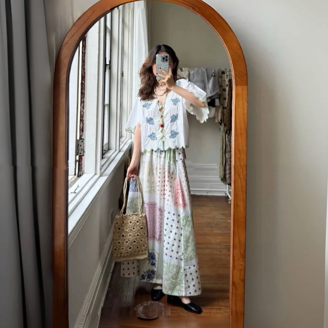 

Синяя хлопковая вышитая блузка irt Wave ort Sve V-ne French Sle Straight Cut, весна-лето, женская блузка Faion