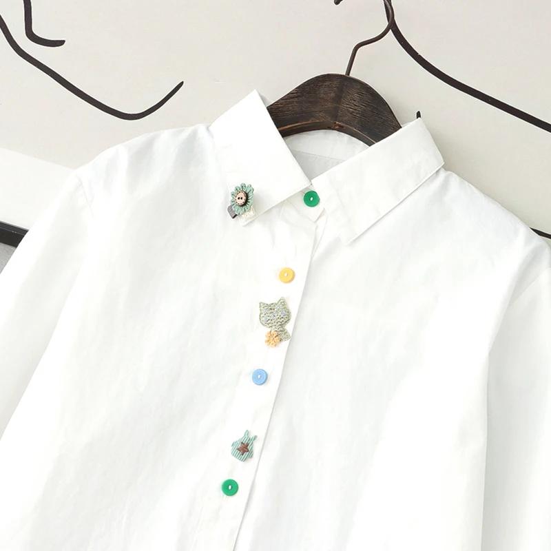 Spring Autumn Women Artistic Embroidery Shirt White Color Colorful Button Long Sleeved Female Cotton Beautiful Blouse Top K112