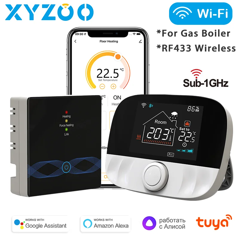 Wireless Gas Boiler Thermostat WiFi Tuya Smart RF433 Temperature Controller Receiver & Humidity Sensor with Alexa Google Yandex