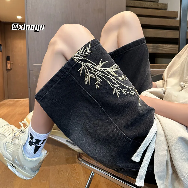 Summer New Embroidery Straight Casual Shorts Men Women Wide Leg Hip-hop Fashion Youth Streetwear Denim Shorts Blue/Black/White