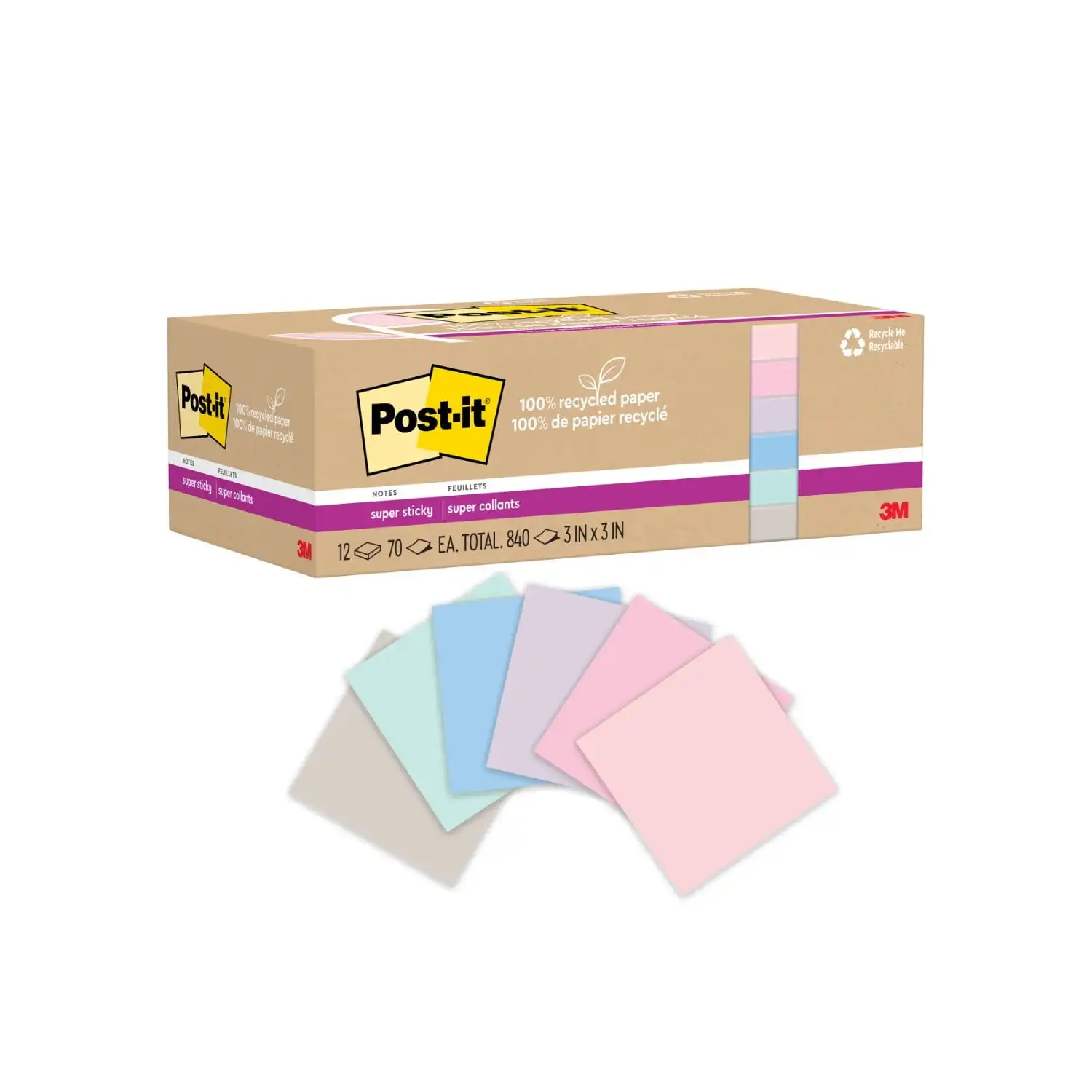 Post-it Super Sticky Notes Recicladas Wanderlust, 3 x 3 Pulgadas, 12 Pastillas