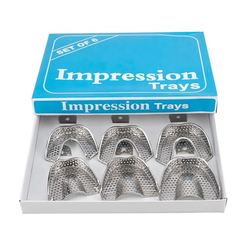 Set of 6 Dental Autoclavable Metal Impression Trays Stainless Steel Upper Lower Dental Perforated Impression Trays