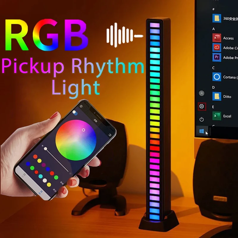 RGB Strip Light 32LED Music Sound Control Pickup Rhythm Ambient Lamp Atmosphere Night Lights For Bar Room TV Gaming Decoration