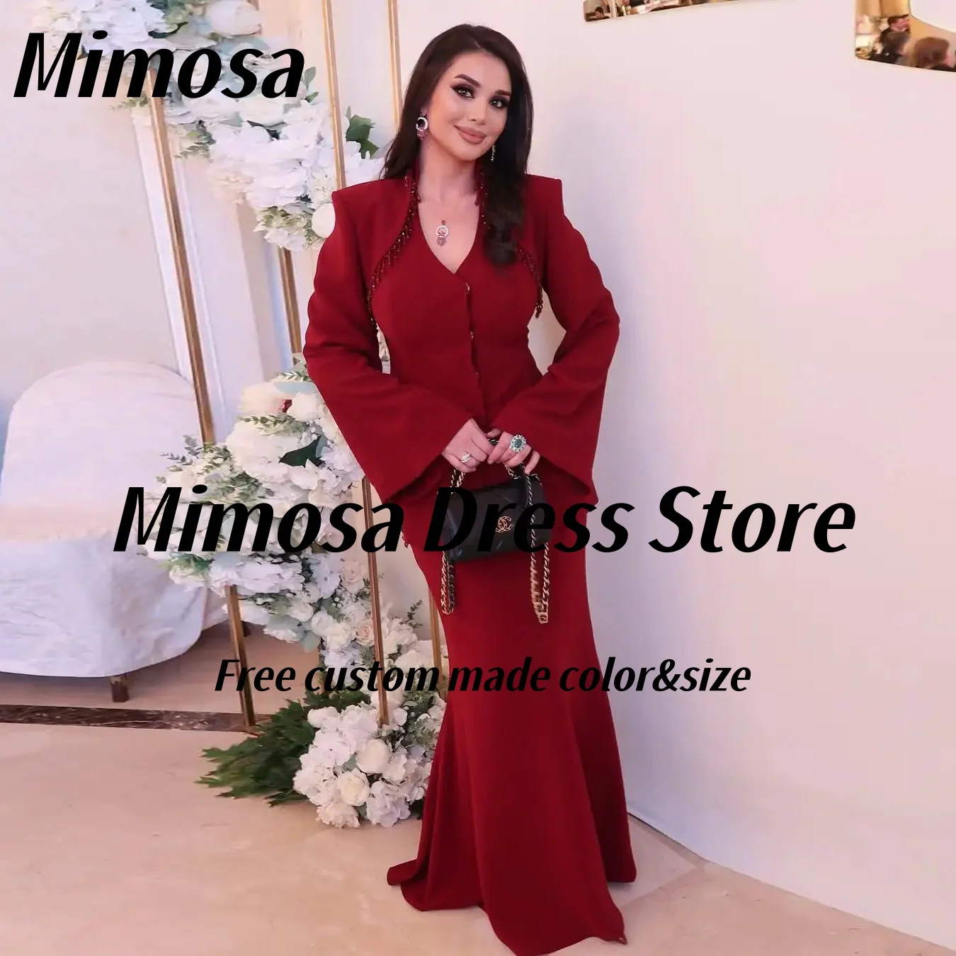 Mimosa V Neck Evening Dresses Beading Tassels Long Sleeves Jackets Special Occasion Dress Three Pieces Prom Gowns Customized