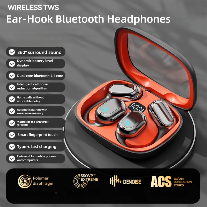

Wireless Ear-Hook Headphones Bluetooth V5.4 Open-Ear Noise Reduction Low Latency Ultra Long Battery Life Protable For Sports
