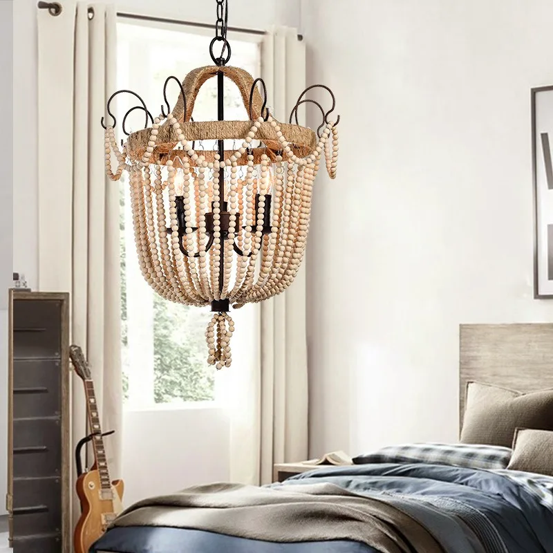 American style children's room princess lighting retro nostalgic hemp rope wooden bead bedroom chandelier