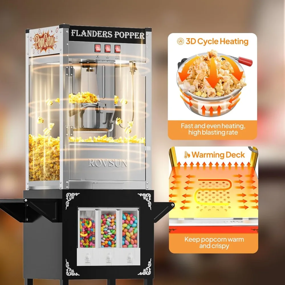 Movie Theater Style Popcorn Maker with 10 Oz Kettle Candy Dispenser Stainless Steel Black Warming Light up to 40 Cups