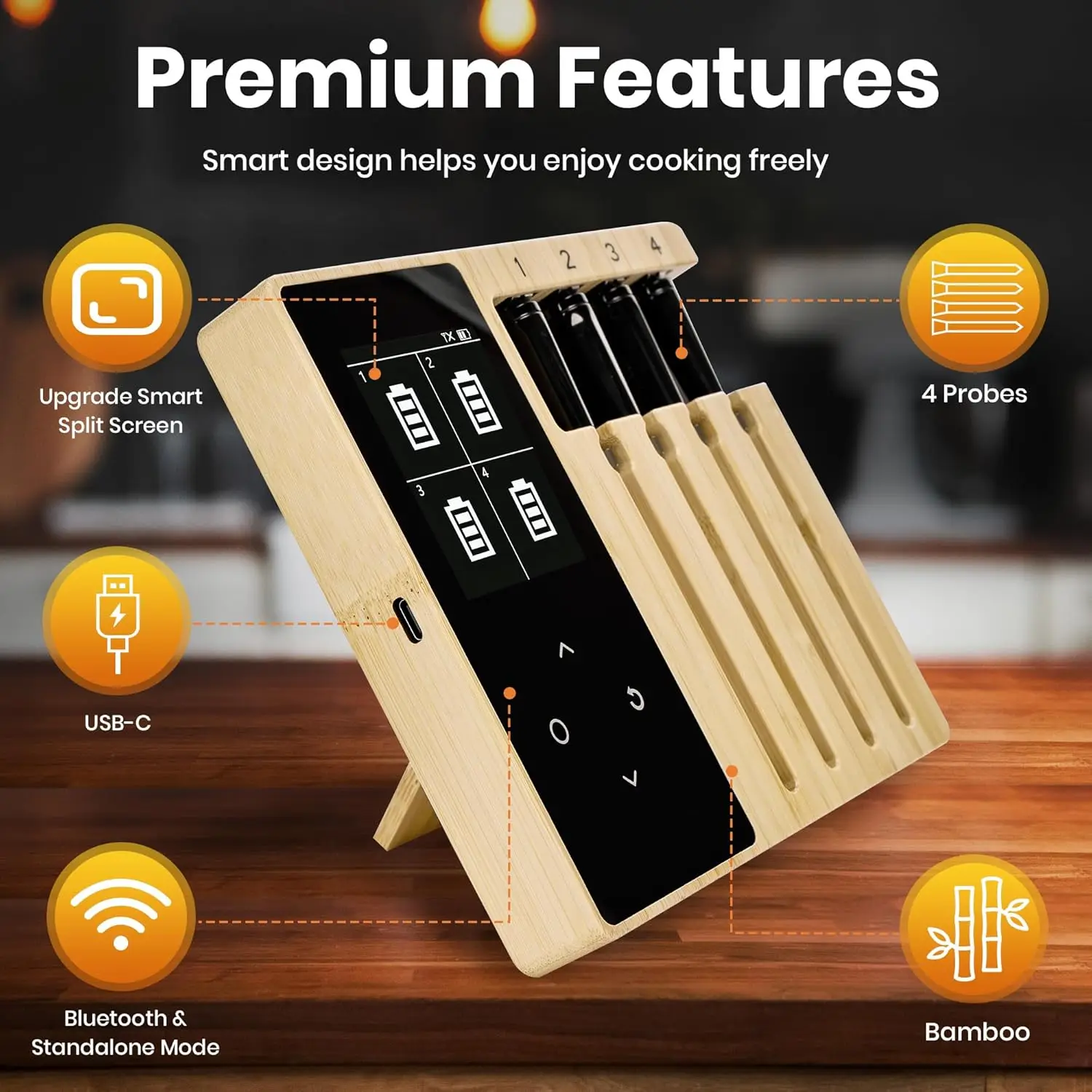 Smart Bluetooth Wireless Meat Thermometer TFT Display Screen 4 Probes Oven, Grill,Food Thermometers