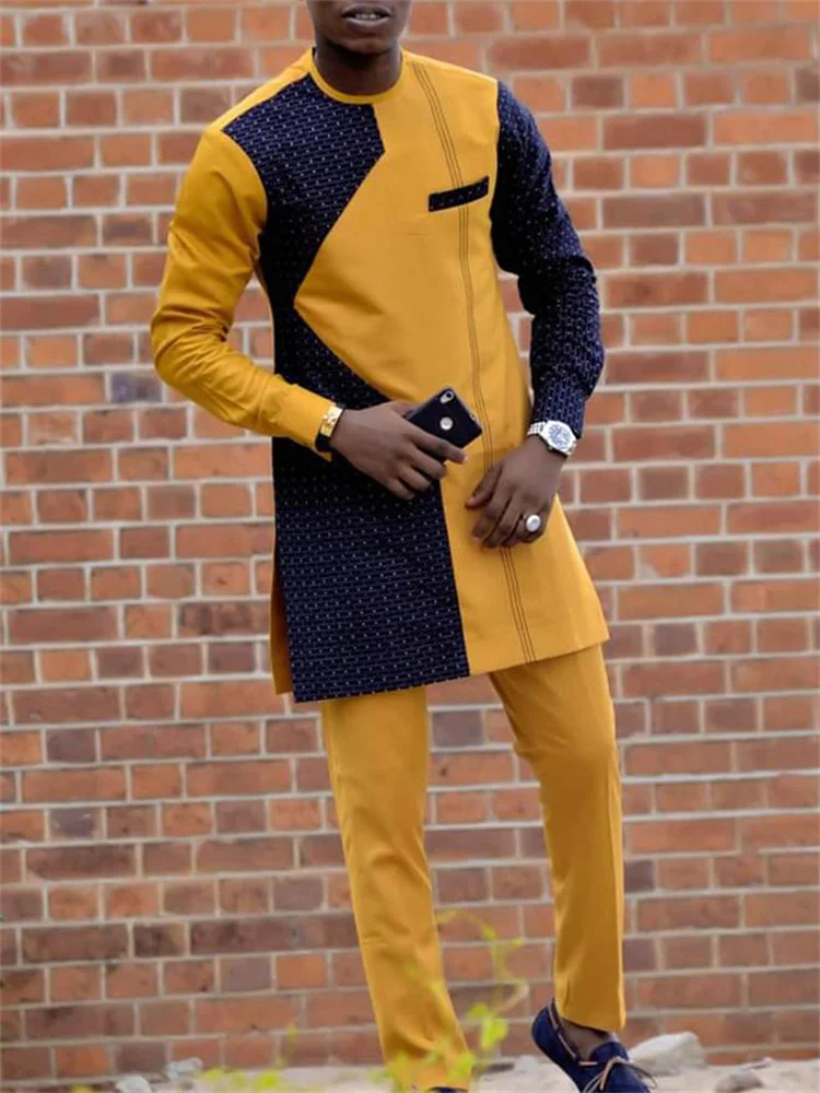 

Men's fashion casual yellow print long sleeve two-piece set