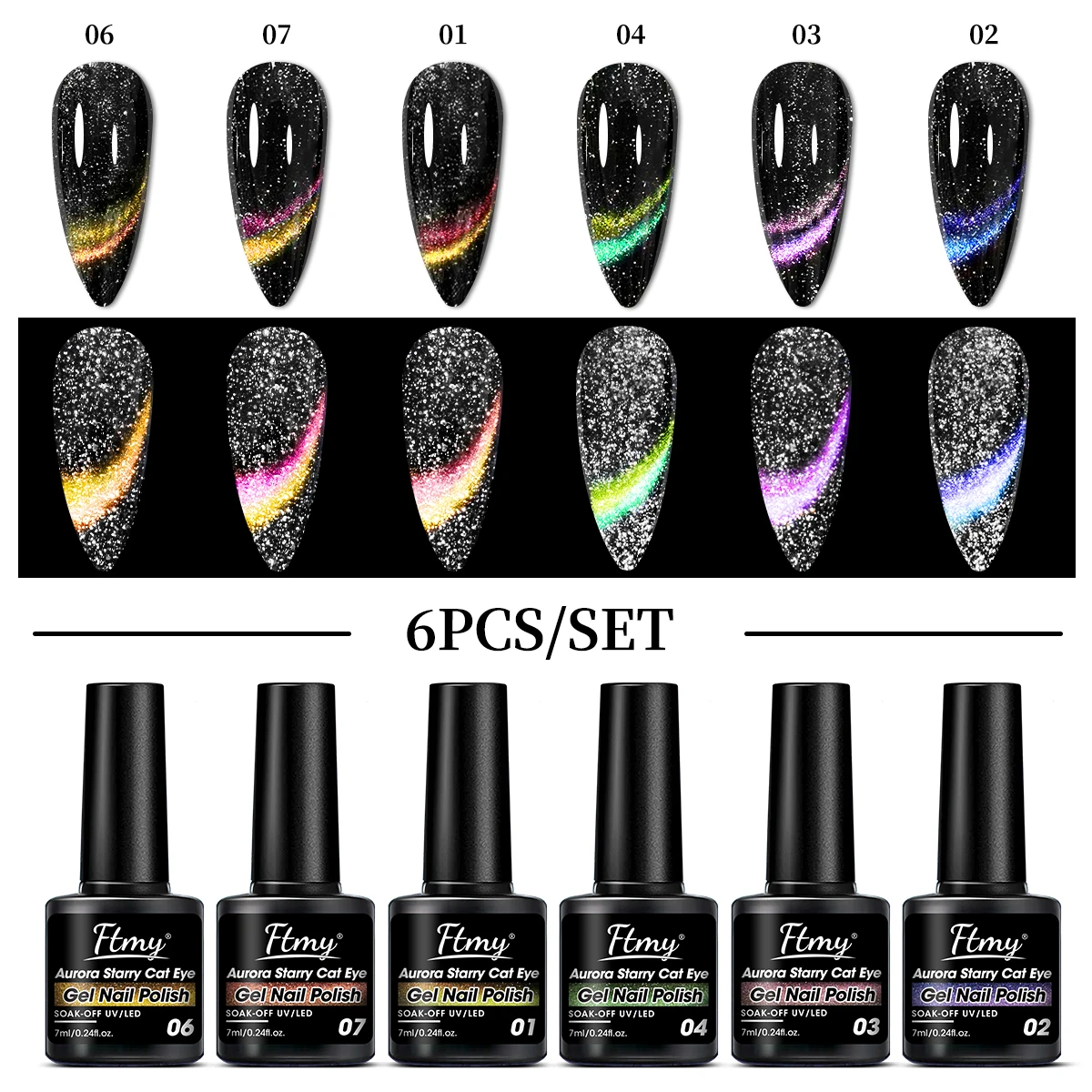

Cat-eye gel nail polish set, chameleon effect, black, purple, and silver glitter, magical galaxy design, includes base coat, top