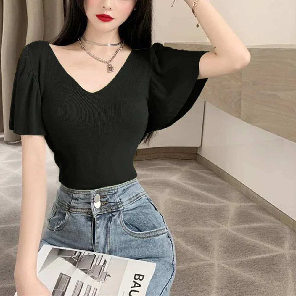 Women V-Neck Short Sleeve Knitted Tops Sweater Sweet Lovely Green White Pink Black Tees Girl Ruffle Edge T Shirt Female Clothes