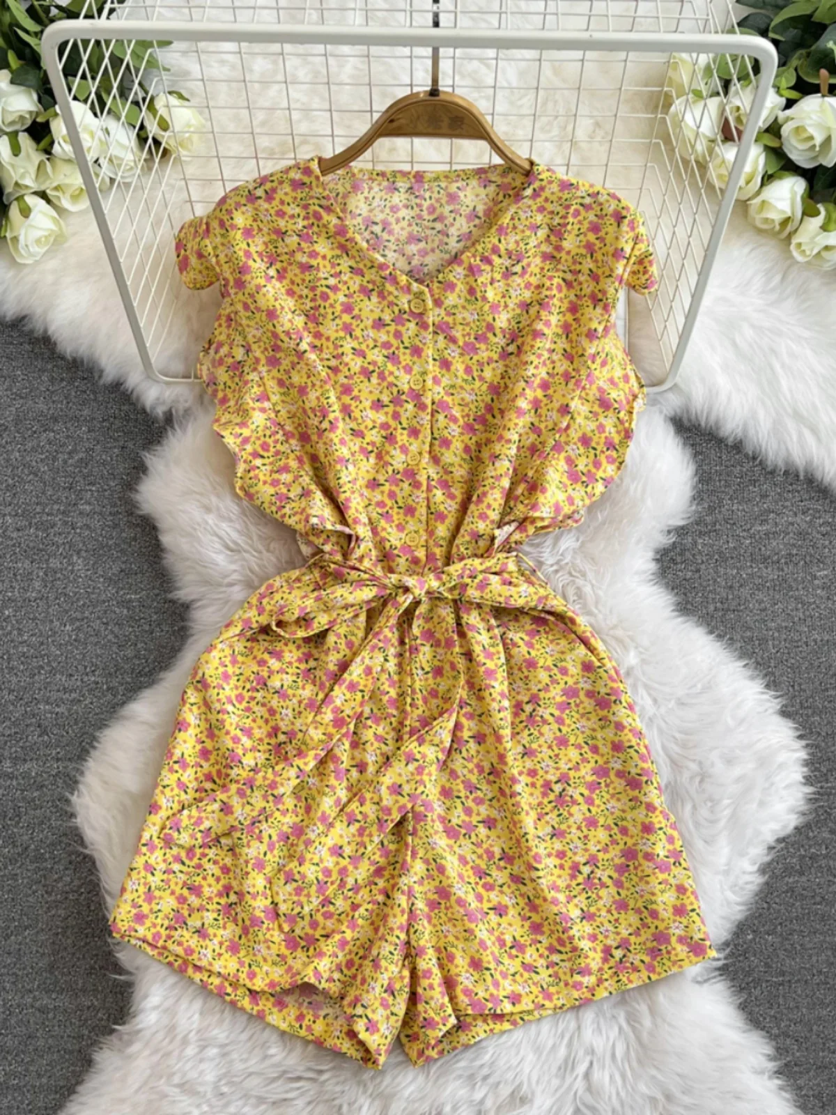 

Floral Print One-Piece Pants Women's Summer New Sle Wide Leg Pants with Lace Design Commute Sle mid Waist Belt