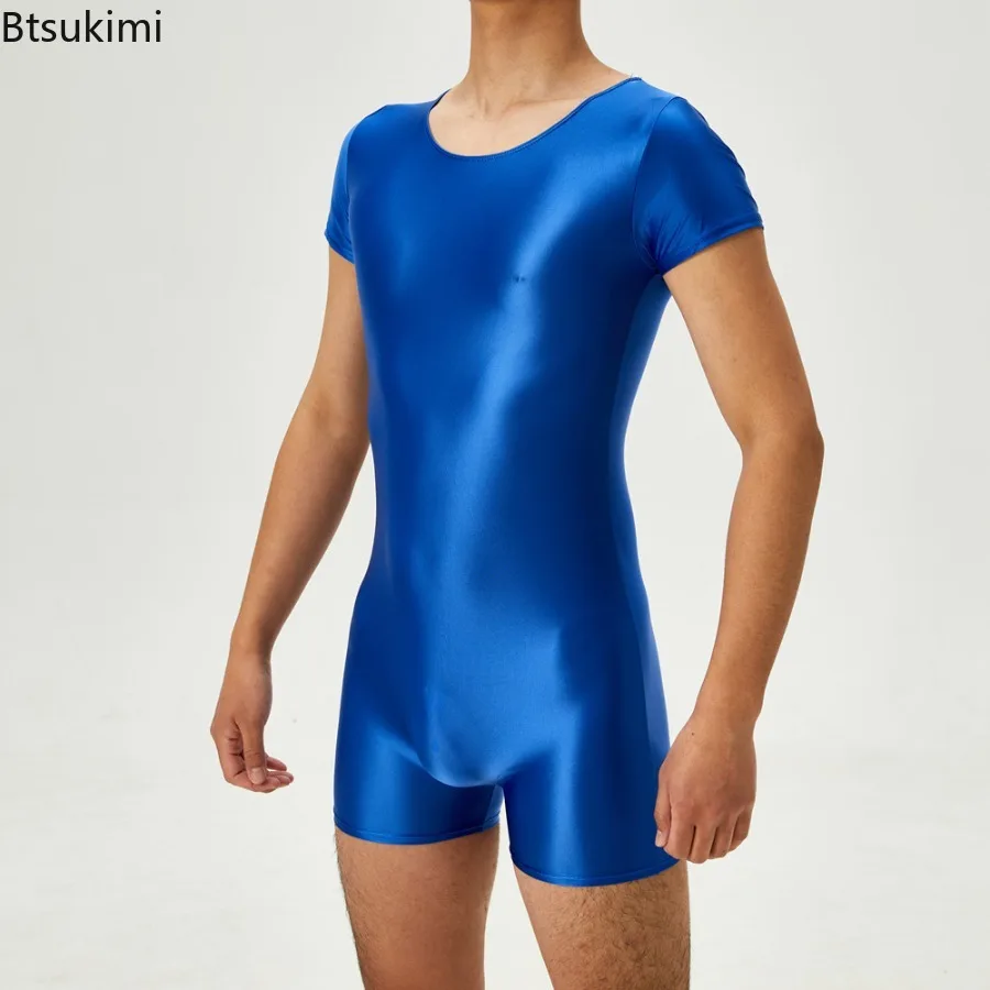 Men Bodysuit Sexy Oil Shiny Glossy Tight Short Sleeve Onesies High Elastic Shapers Leotard Men Breathable Bodybuilding Jumpsuits