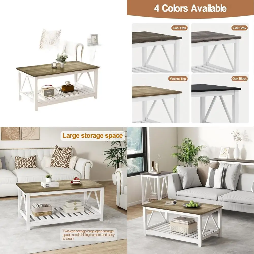

2-Tier Walnut Wood Cocktail Table with Slat Shelves and V-Shaped Legs for Living Room