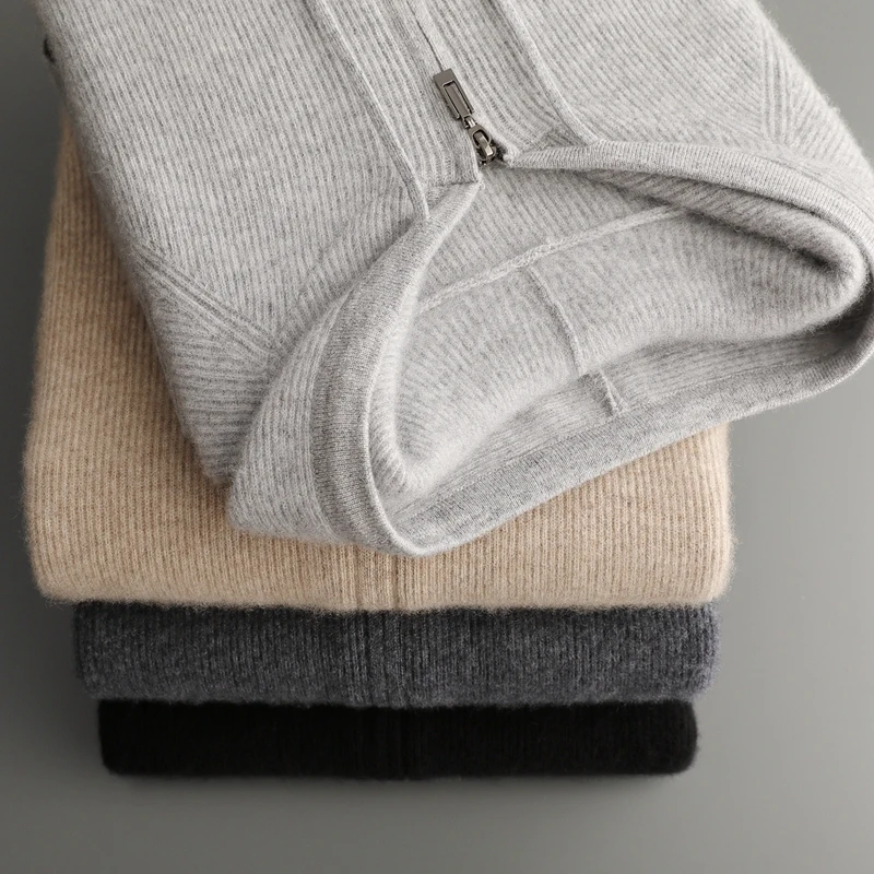 New Men 100% Cashmere Sweater Zipper Cardigan Autumn Winter Thick Hoodie Long Sleeve Cashmere Knitwear Smart Casual Hooded Tops