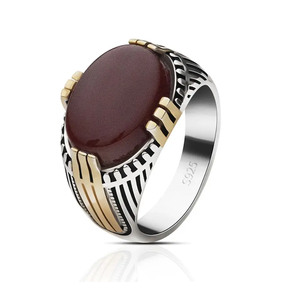 Wholesale Ring Men Silver Muslim in 925 Sterling Stylish Red Natural Agate Stone Band Ring