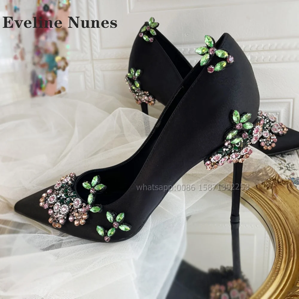 

Rhinestone Embellished Flower Satin Sandals Pointed Toe Stiletto Shallow Slip On Patchwork Women Heels Big Size Wedding Shoes