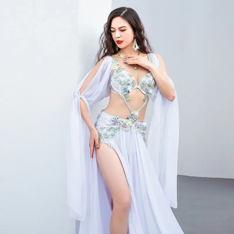 

Women Shine Rhinestone Crystal Dancewear Side Split Maix Skirt Long Sleeve Rave Outfit Fairy Luxury Oriental Dance Costume